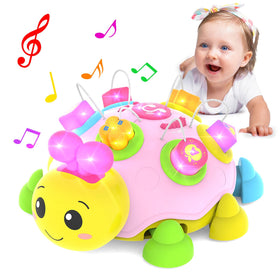Coqin Ladybug pink crawling toy with lights aids visual tracking.