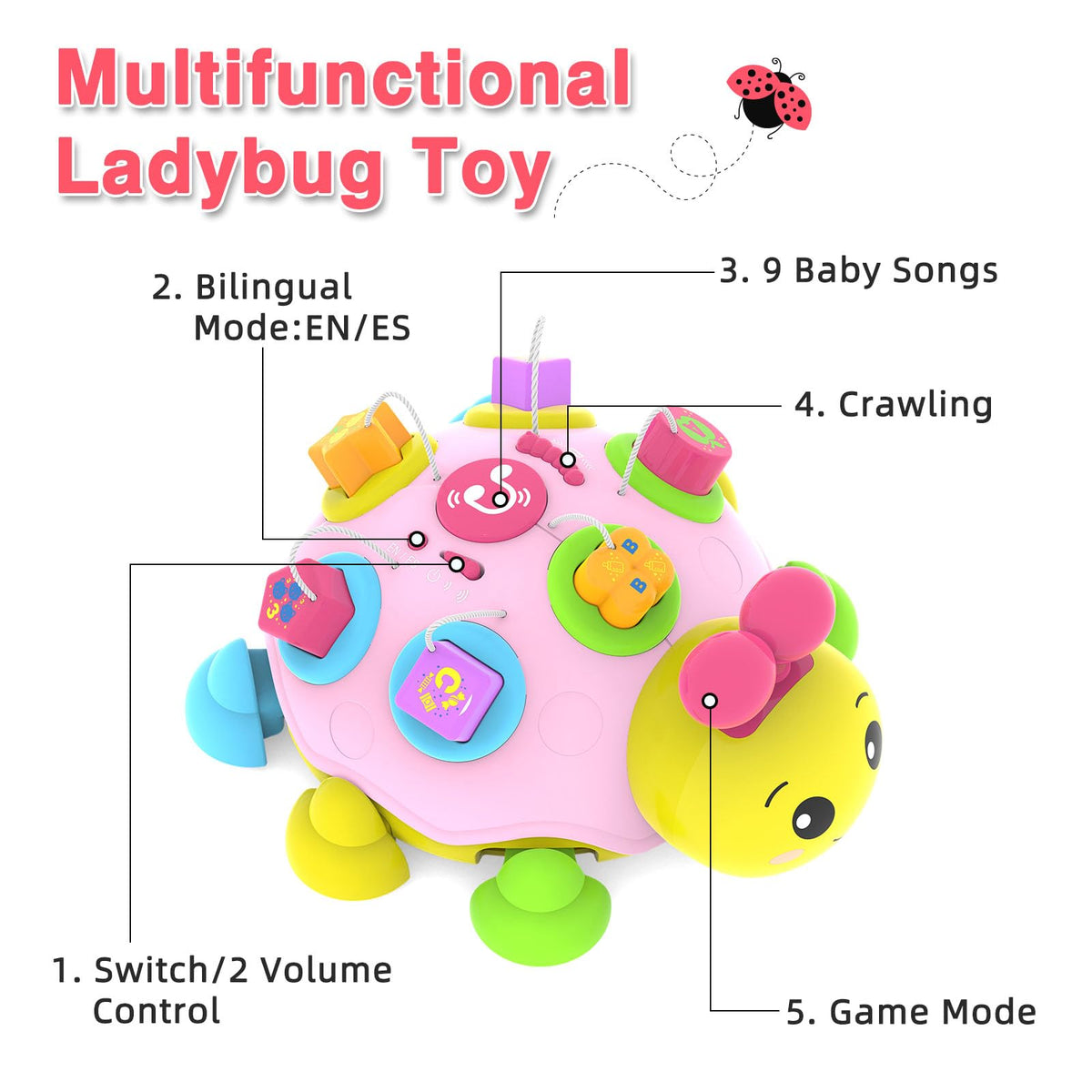 Coqin Ladybug toy's melodic songs engage baby's hearing during play.