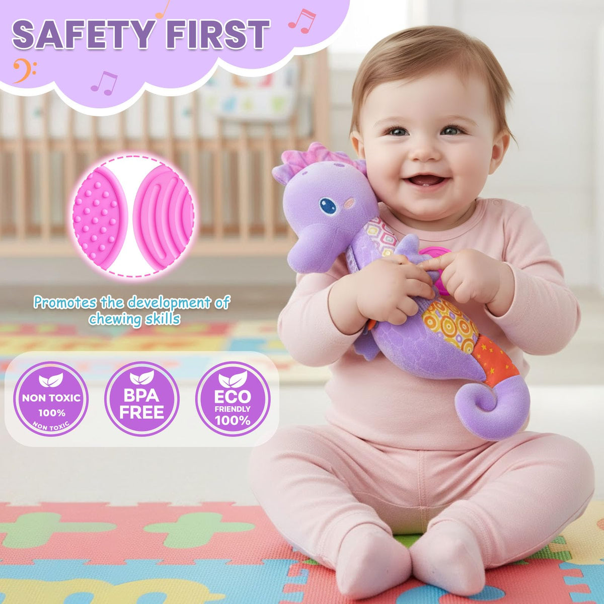 Coqin seahorse toy bright colors stimulate vision.