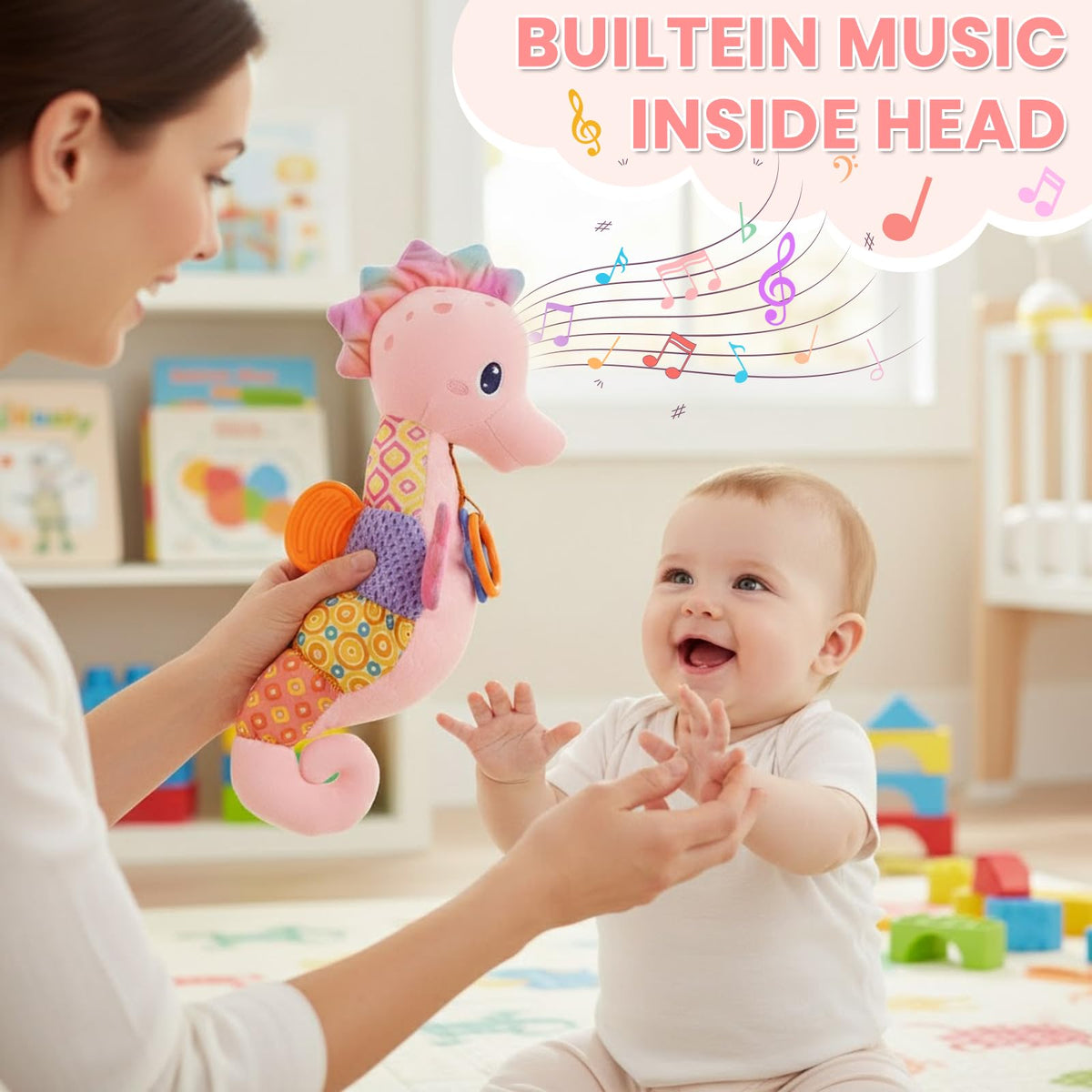 Coqin Baby Seahorse Toy pink colors and fabrics promote visual tracking.