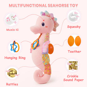 Coqin Baby Seahorse Toy pink crinkle textures stimulate tactile exploration and grasp.