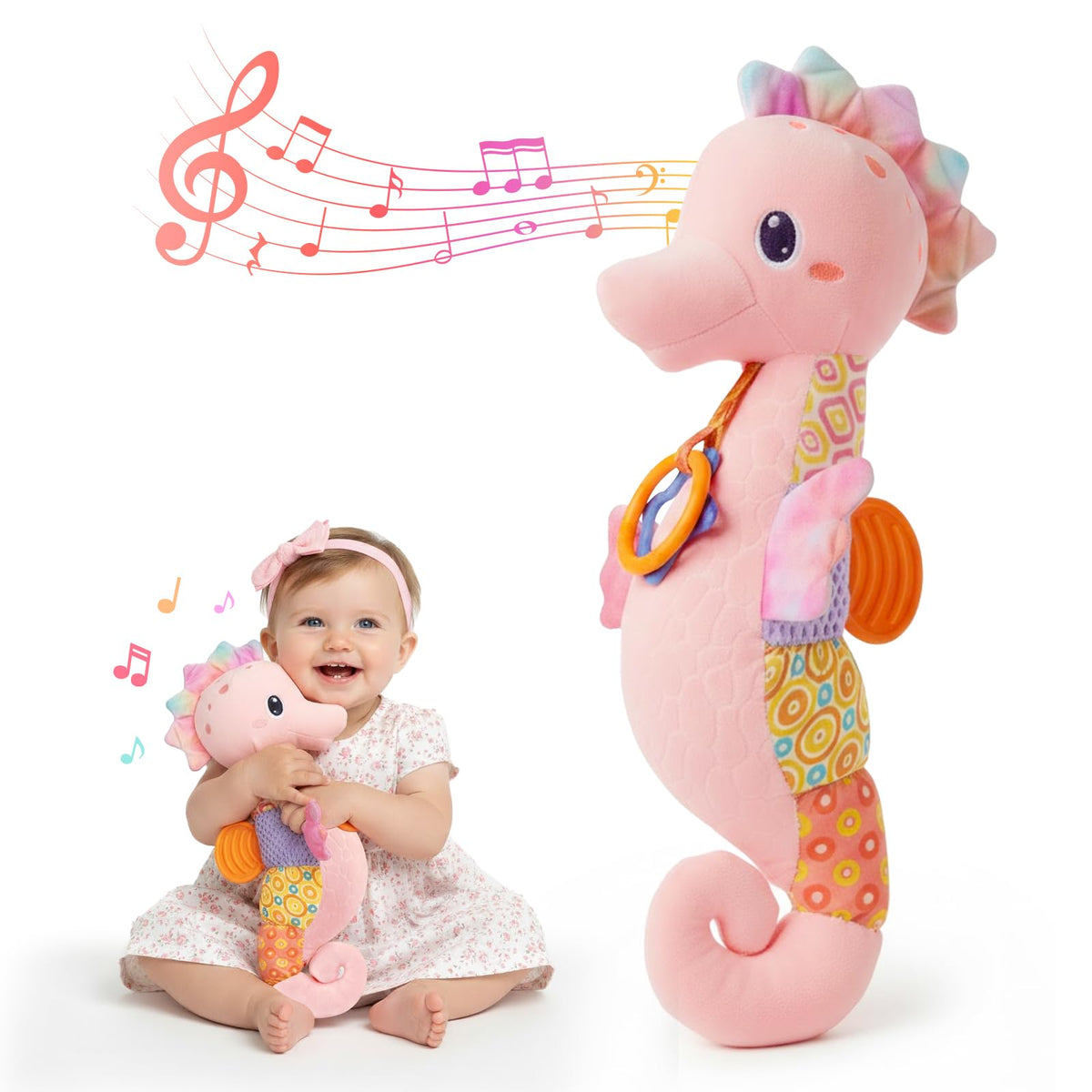 Coqin Baby Seahorse Toy pink head delivers a gentle melody to calm and entertain newborns.