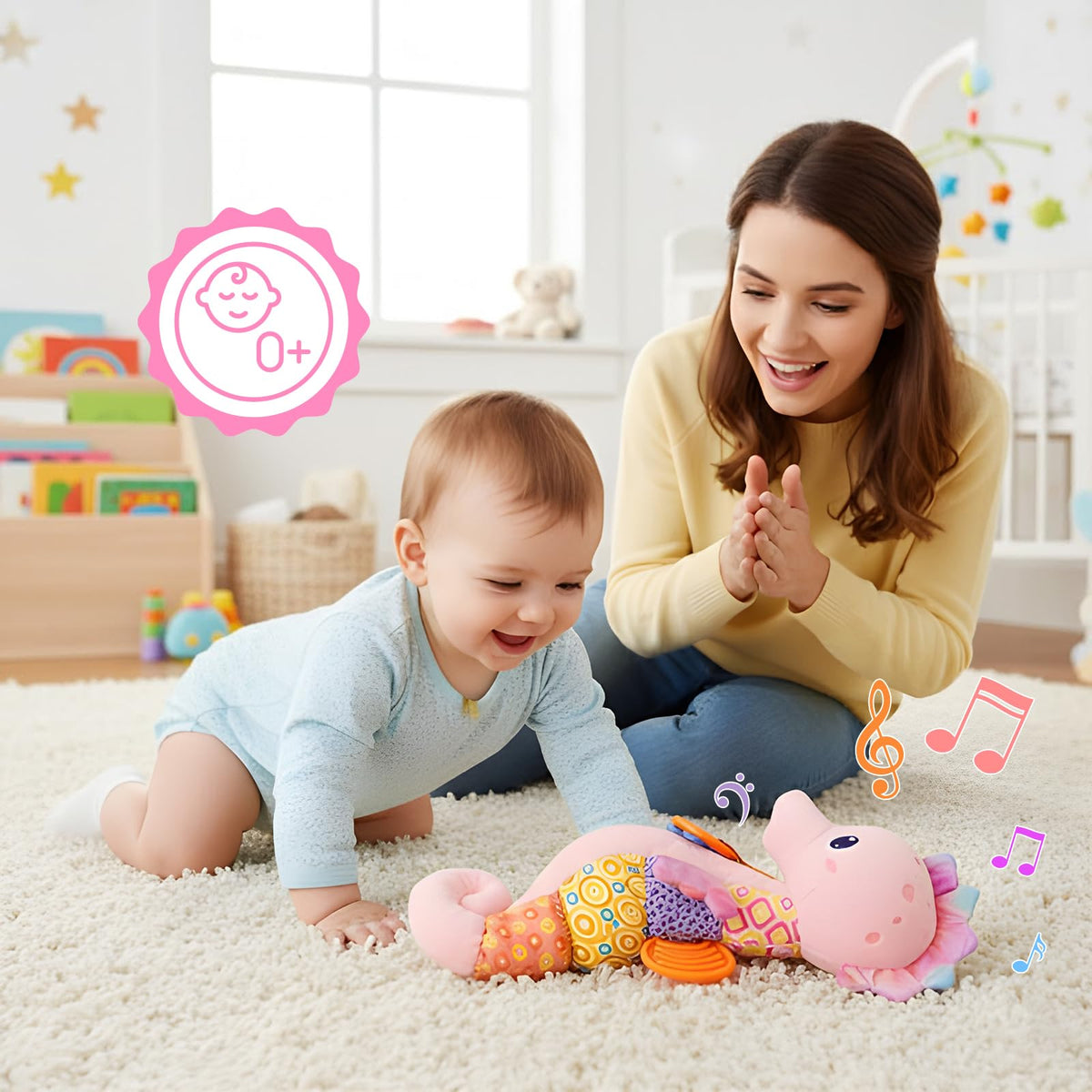Coqin Baby Seahorse Toy pink squeaker and rattle encourage sensory play.