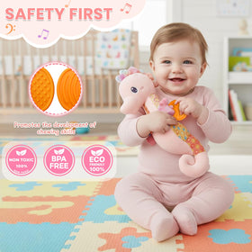 Coqin Baby Seahorse Toy pink tummy time features aid motor skill growth.