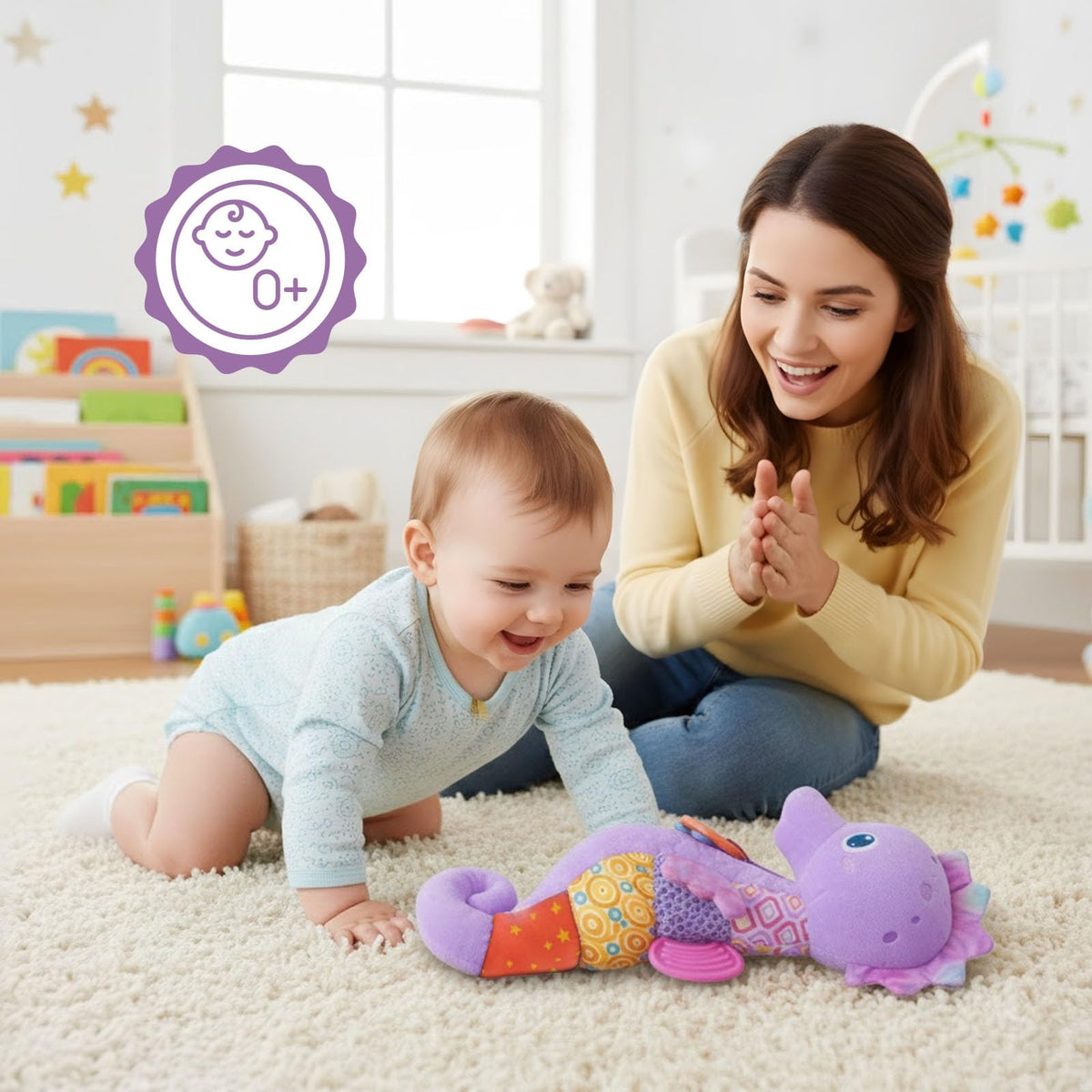 Coqin tummy time seahorse promotes reaching and exploration.