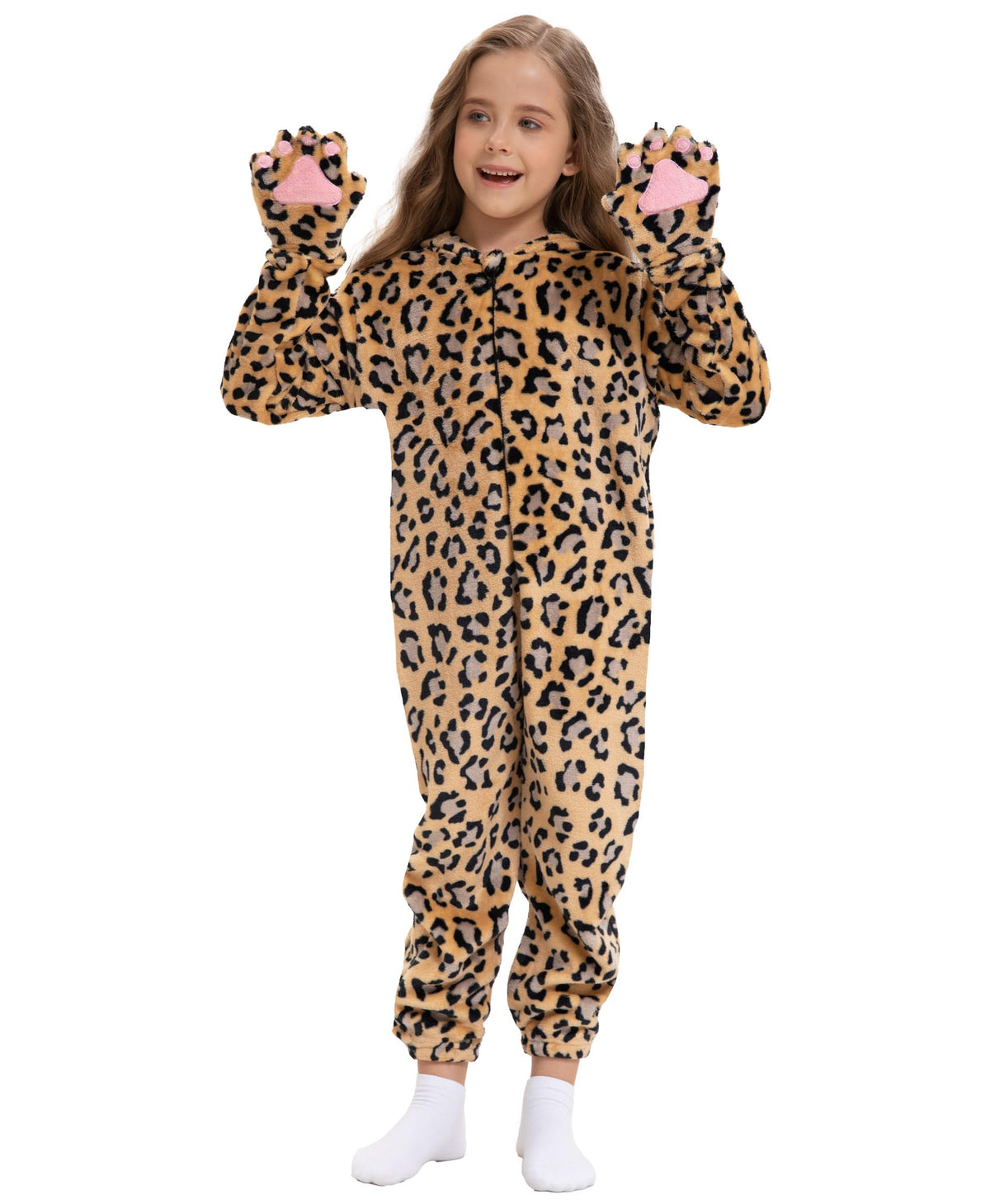 Corespe cheetah costume with paw print accents for authentic look.