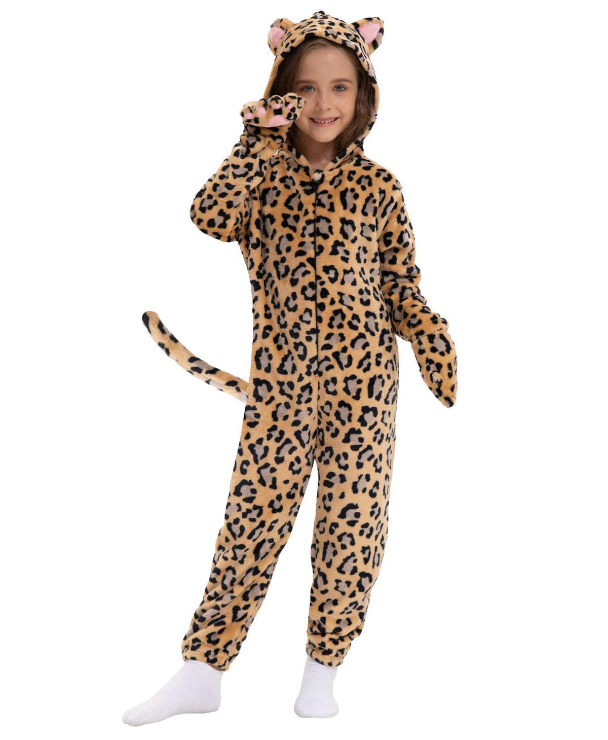 Corespe cheetah costume for kids with tail and ears for Halloween playtime.