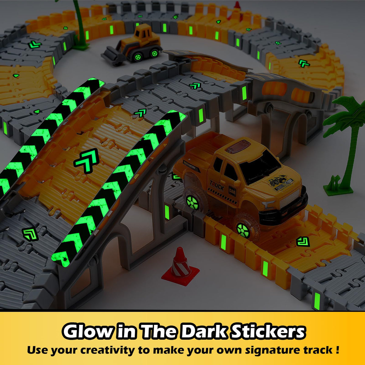 Coroiesty glow-in-dark race cars, neon lights for exciting nighttime play sessions.