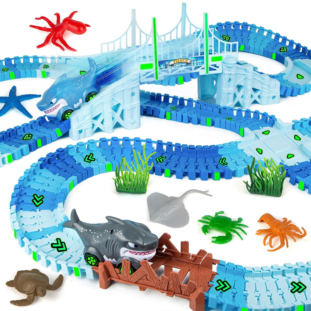 Coroiesty shark race tracks glow in the dark for immersive night play.