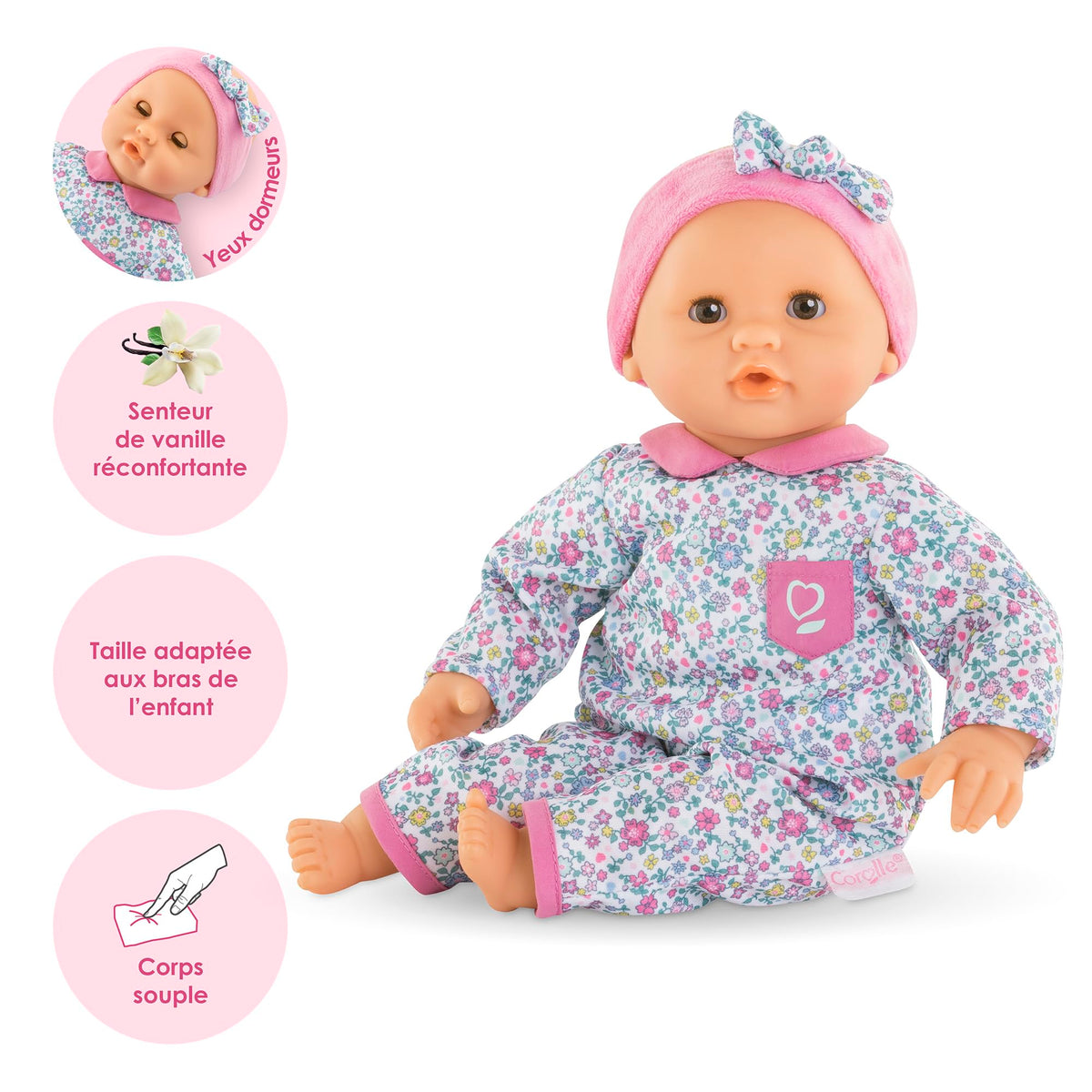 Corolle Bebe Calin Capucine vanilla-scented vinyl skin enhances comforting hugs.