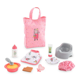 Corolle diaper bag with care set for 12-inch dolls, portable organization