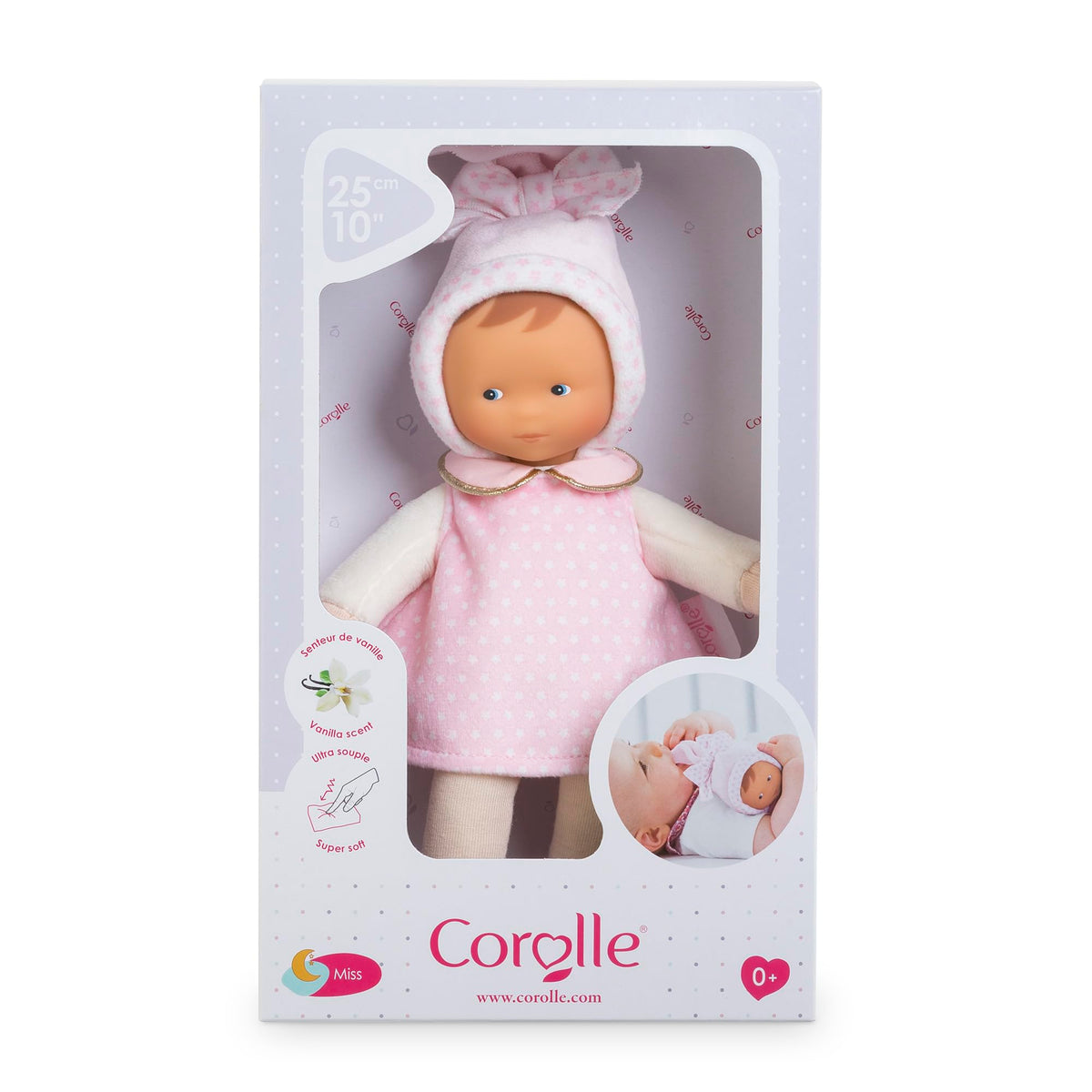 Corolle vanilla scent signature adds comforting aroma during cuddle moments.
