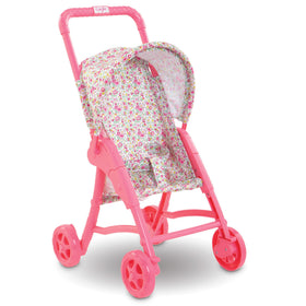 Corolle pink and white foldable stroller open for 12-inch dolls