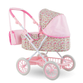 Corolle pink pram for dolls featuring a storage basket for accessories