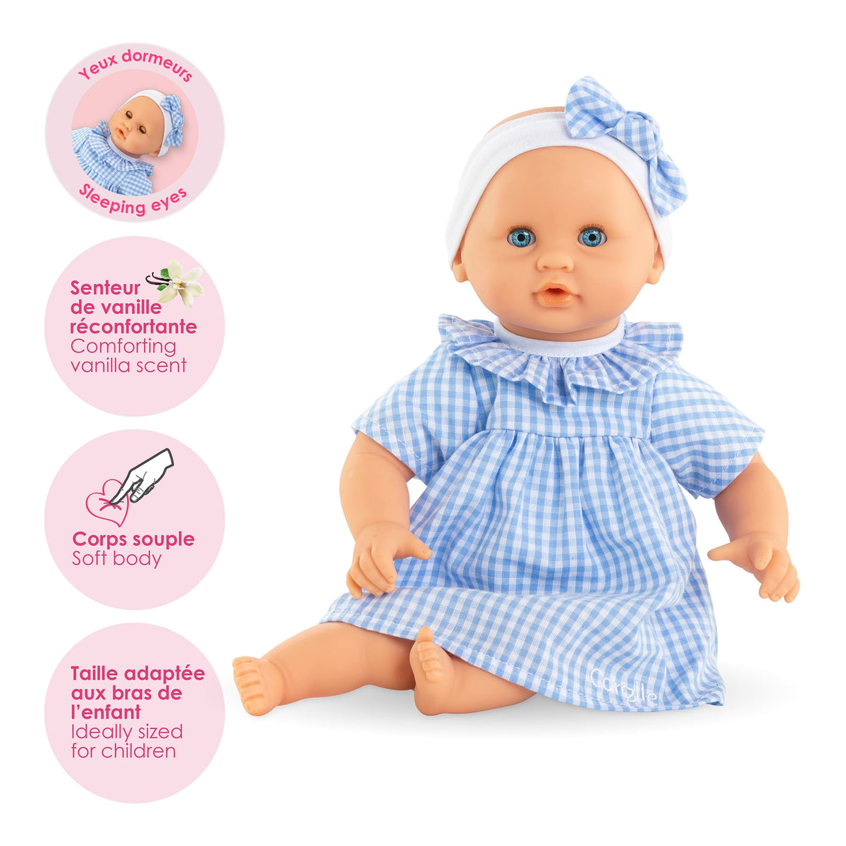 Corolle Premier Poupon Calin pink pajama outfit ready for cuddles.