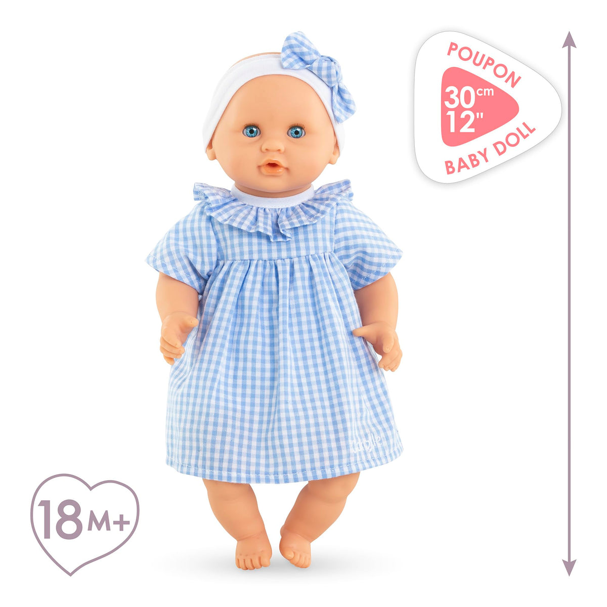 Corolle Premier Poupon Calin vanilla-scented vinyl skin enhances sensory pretend play.