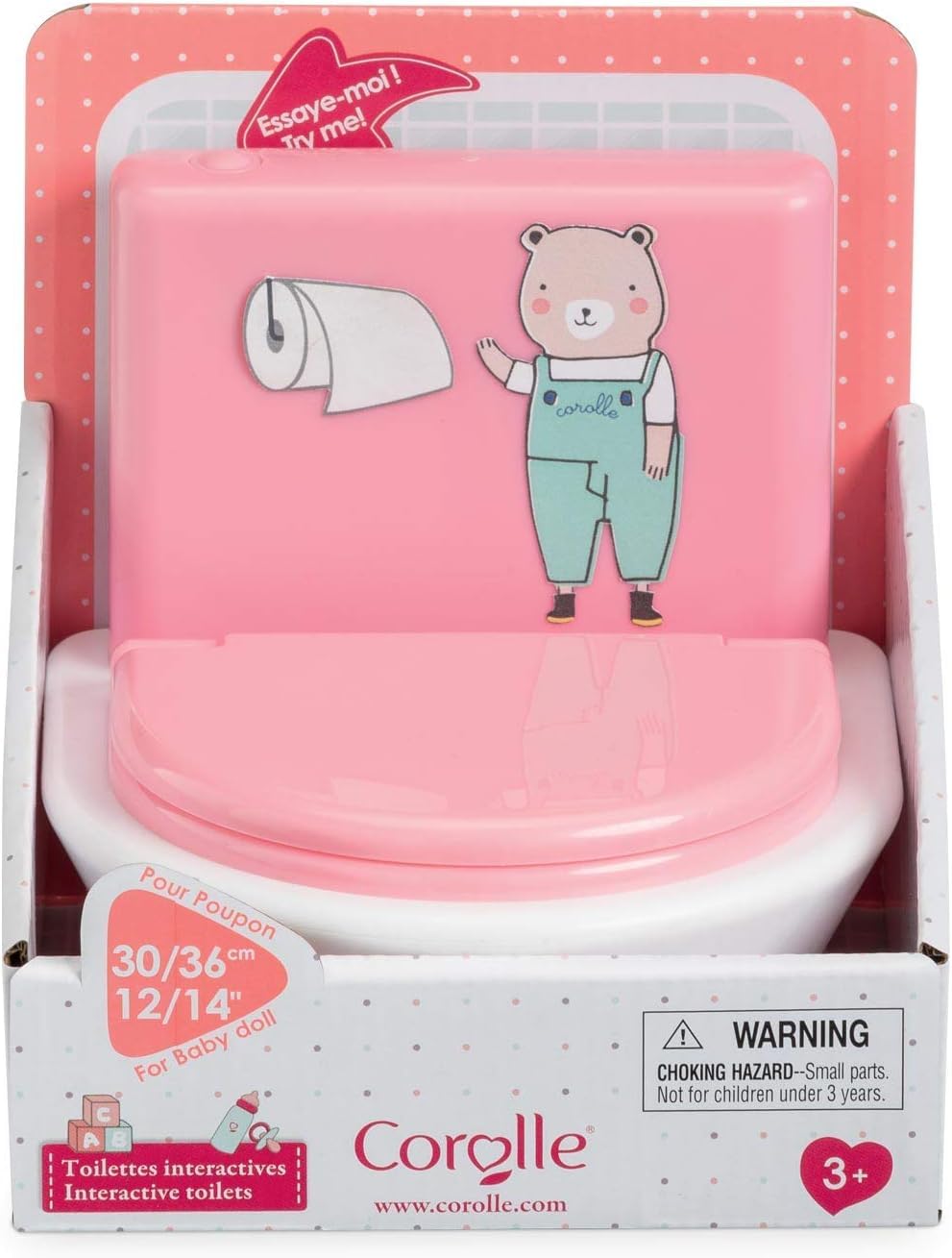 Corolle realistic flushing sound enhances engagement during pretend bathroom routines.