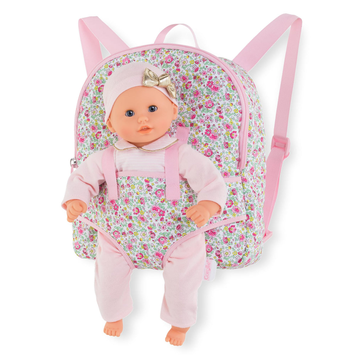 Corolle teddy plush backpack doll carrier keeps a 30 cm doll secure and cozy.