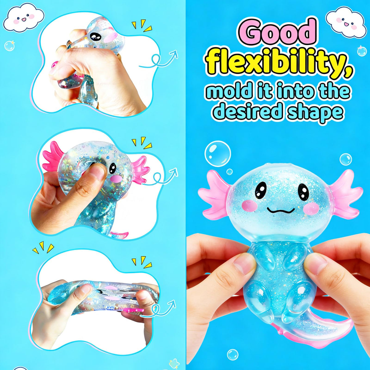 Coroto axolotl squishy blue-pink on desk for mindful fidgeting