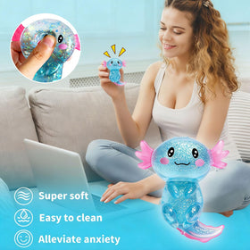 Coroto axolotl squishy blue-pink in hand shows palm-sized portability