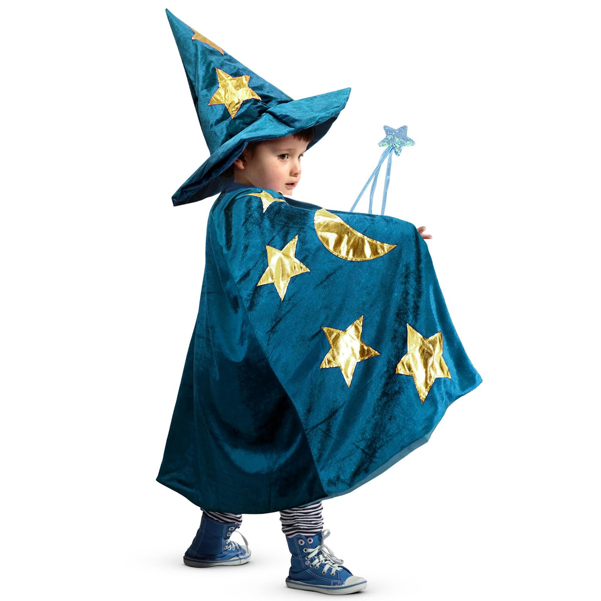 CosInStyle kids wizard cloak blue for imaginative play and effortless costume layering.