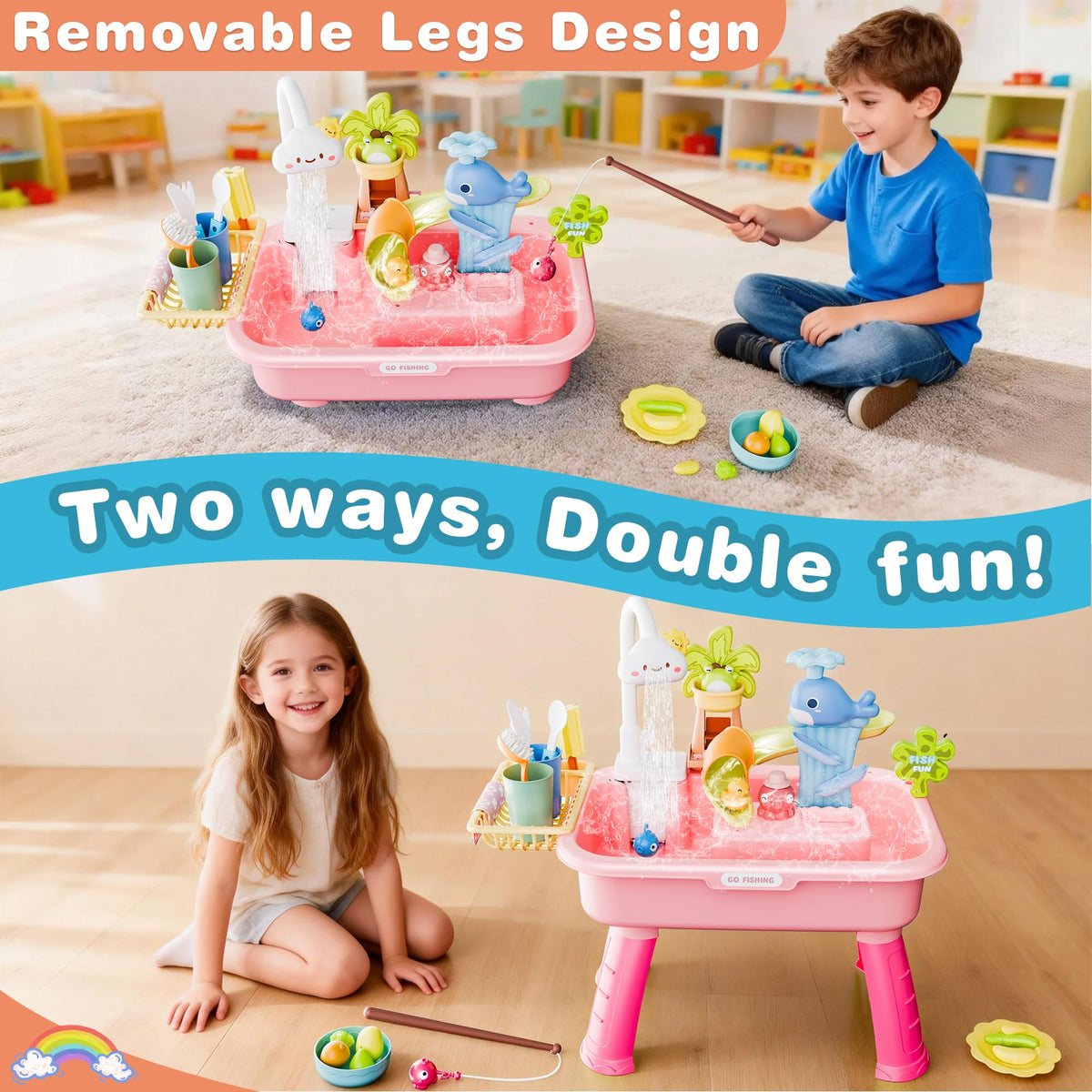 Cosminy water table with removable legs enabling seated or standing play.