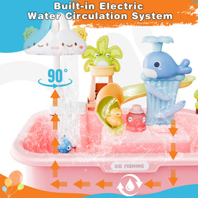 Cosminy water table with pump/tap demonstrating interactive water flow for pretend chores.