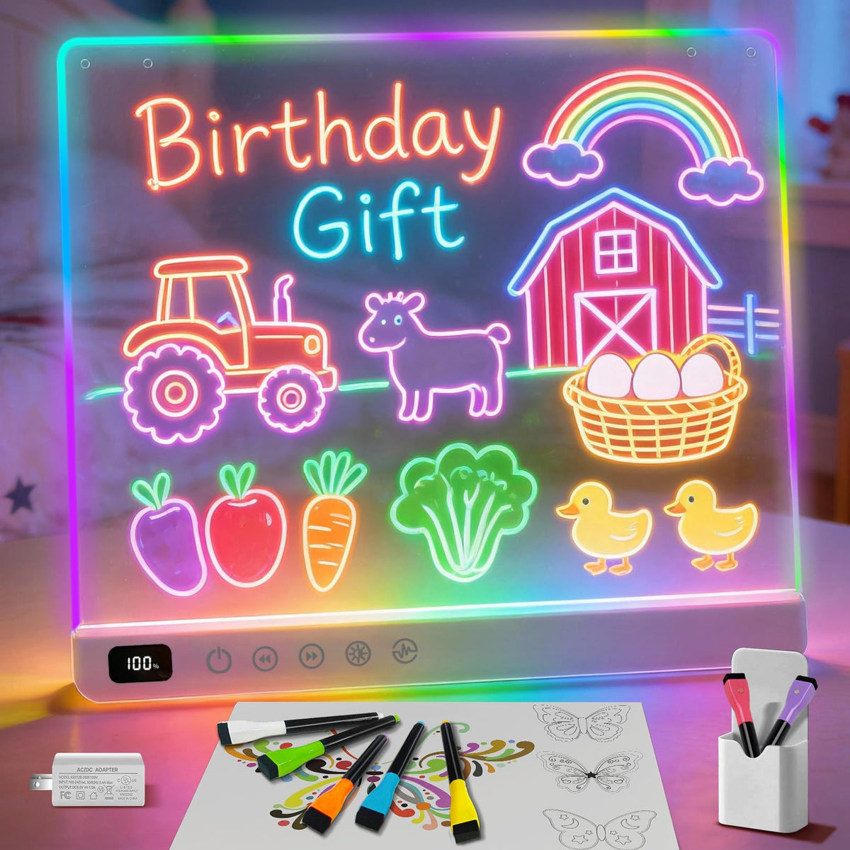 Cosmody rechargeable LED drawing board front view shows a large glowing surface