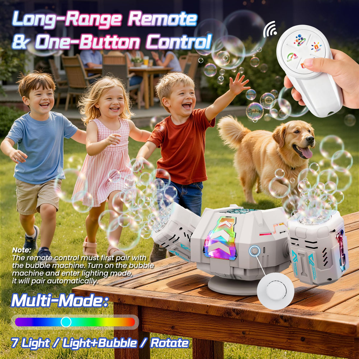 Cossy bubble machine demonstrates 360-degree rotation for immersive bubbles around guests.