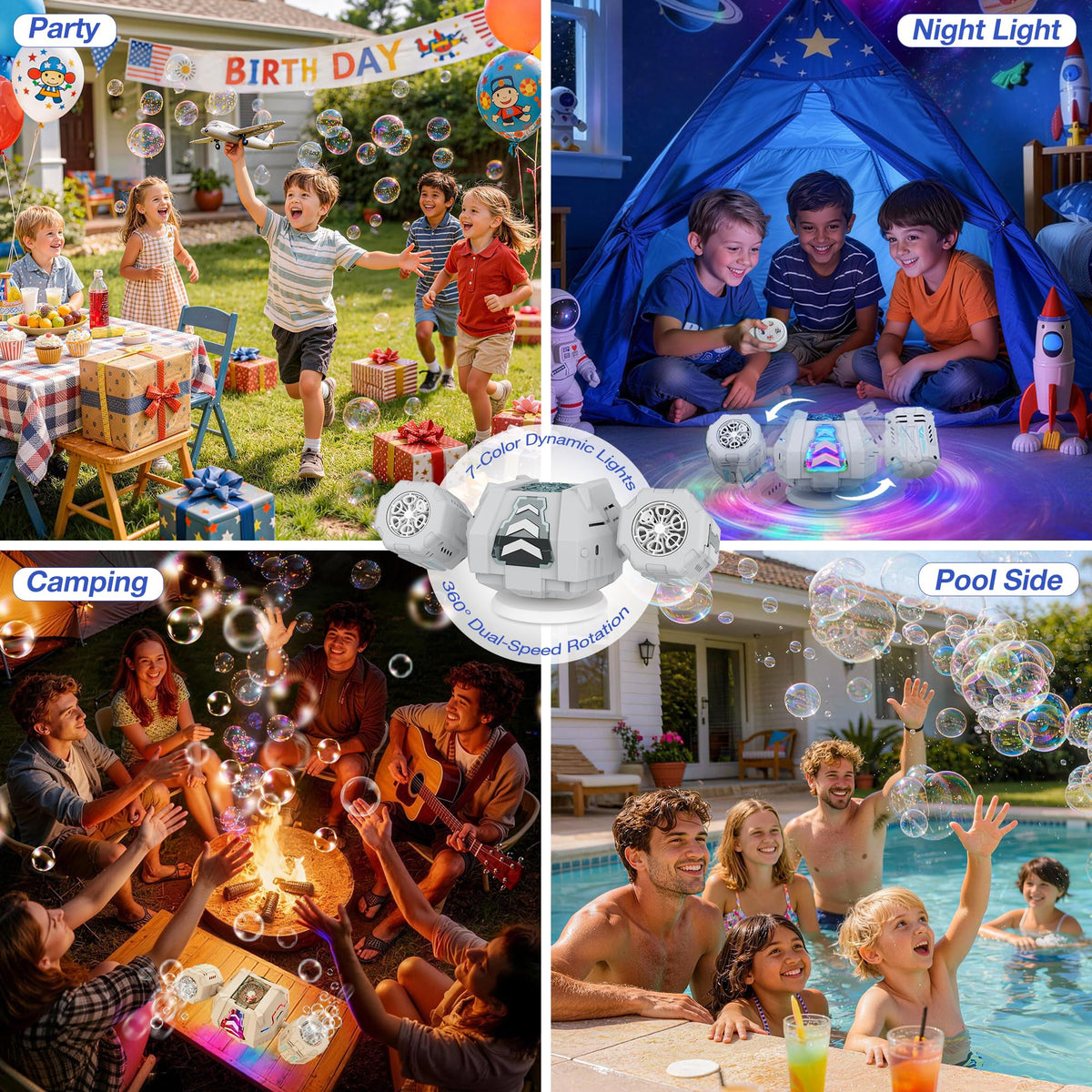 Cossy bubble machine offers long-range remote for outdoor gatherings.