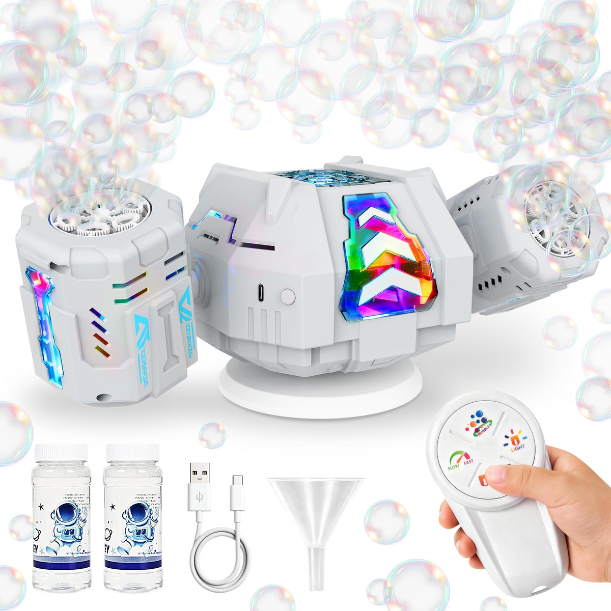 Cossy bubble machine with mecha design as a striking party centerpiece.