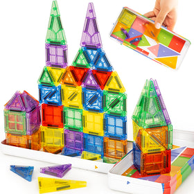 Cossy Mini Magnetic Tiles displayed with a travel box for portable creative play.