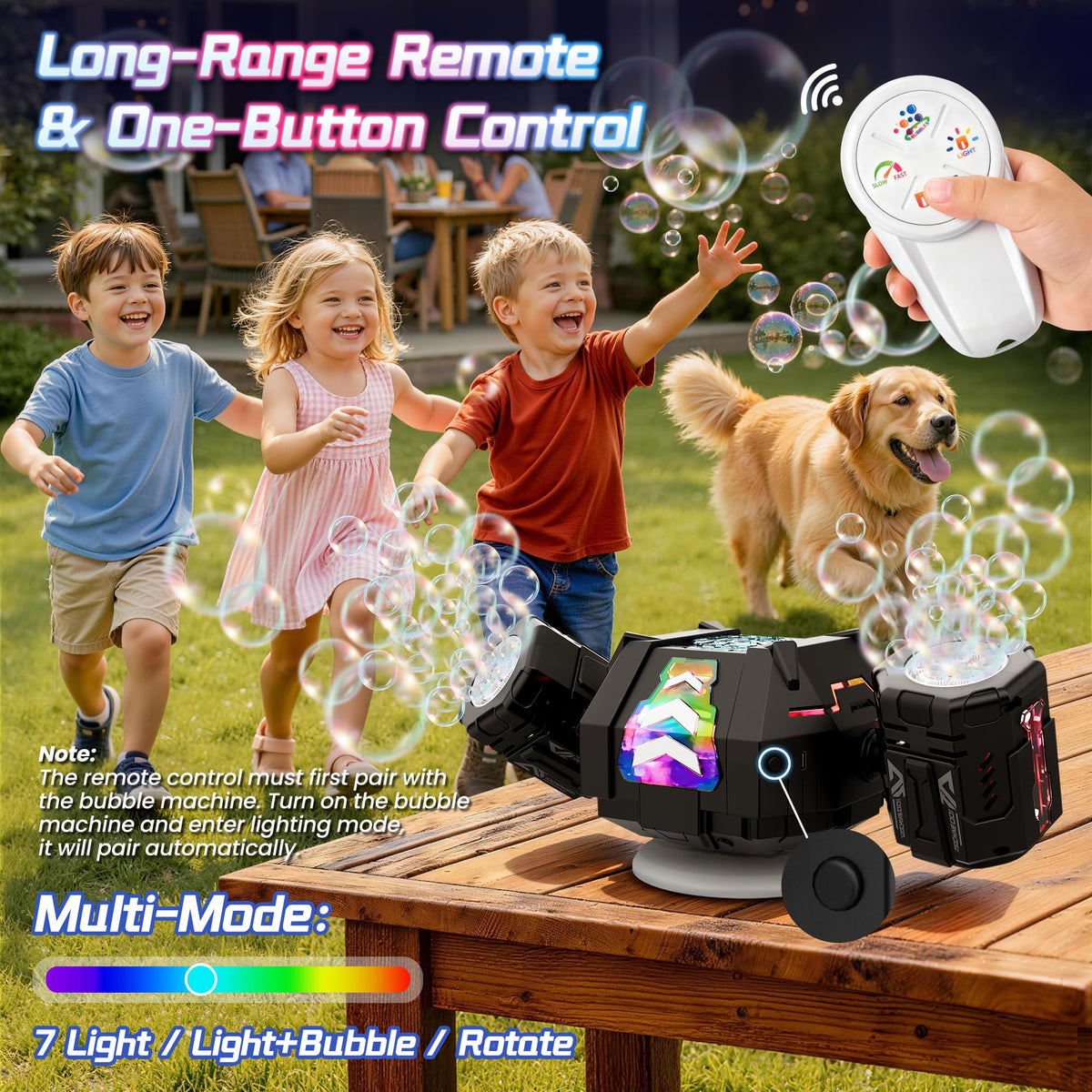 Cossy bubble machine performing 360° rotation for wide party coverage