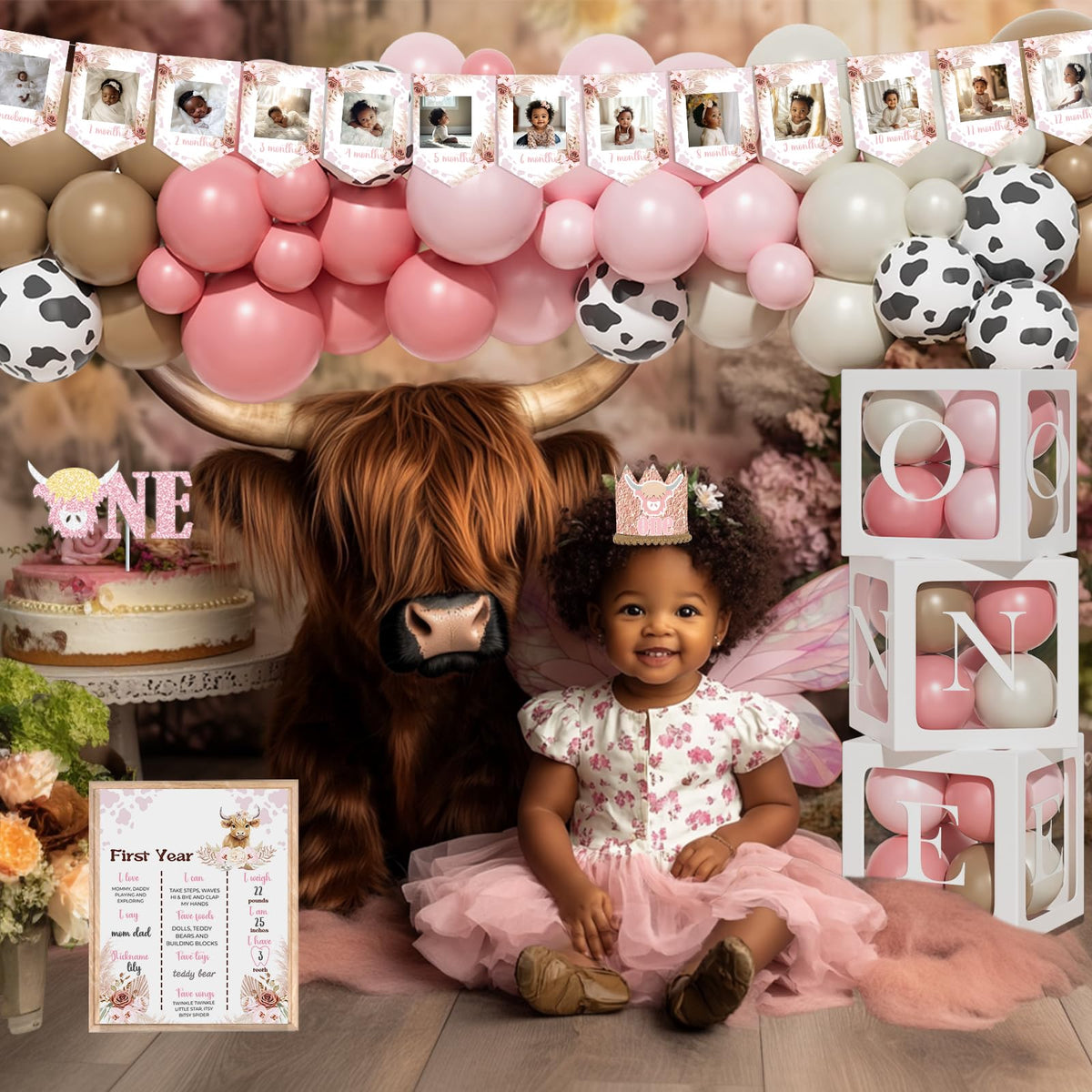 Costova Highland Cow poster decor completes the whimsical party setup