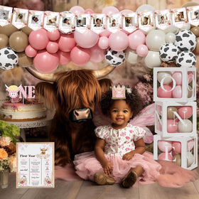 Costova Highland Cow poster decor completes the whimsical party setup