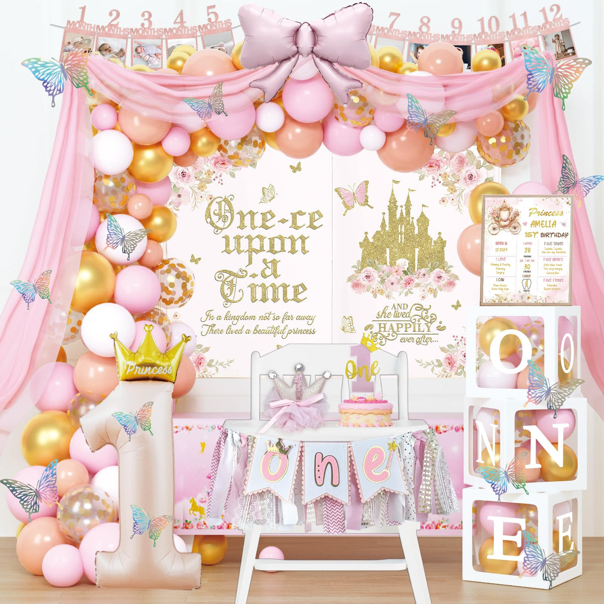 Costova Princess balloon garland arch creates a magical first birthday setup