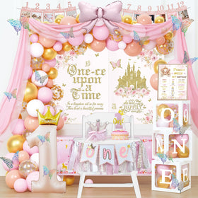 Costova Princess balloon garland arch creates a magical first birthday setup