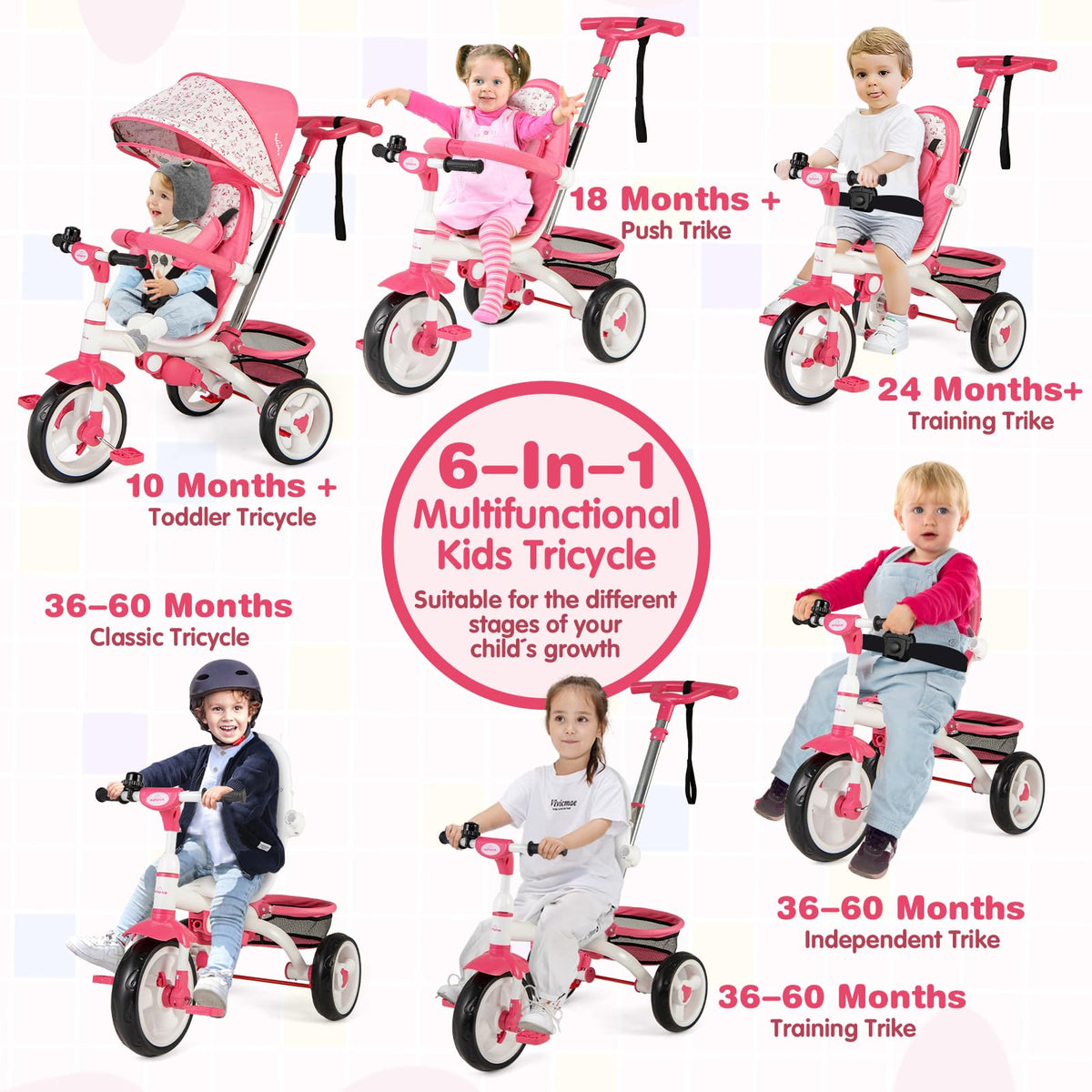Costzon 6-in-1 tricycle pink with adjustable canopy protects from sun