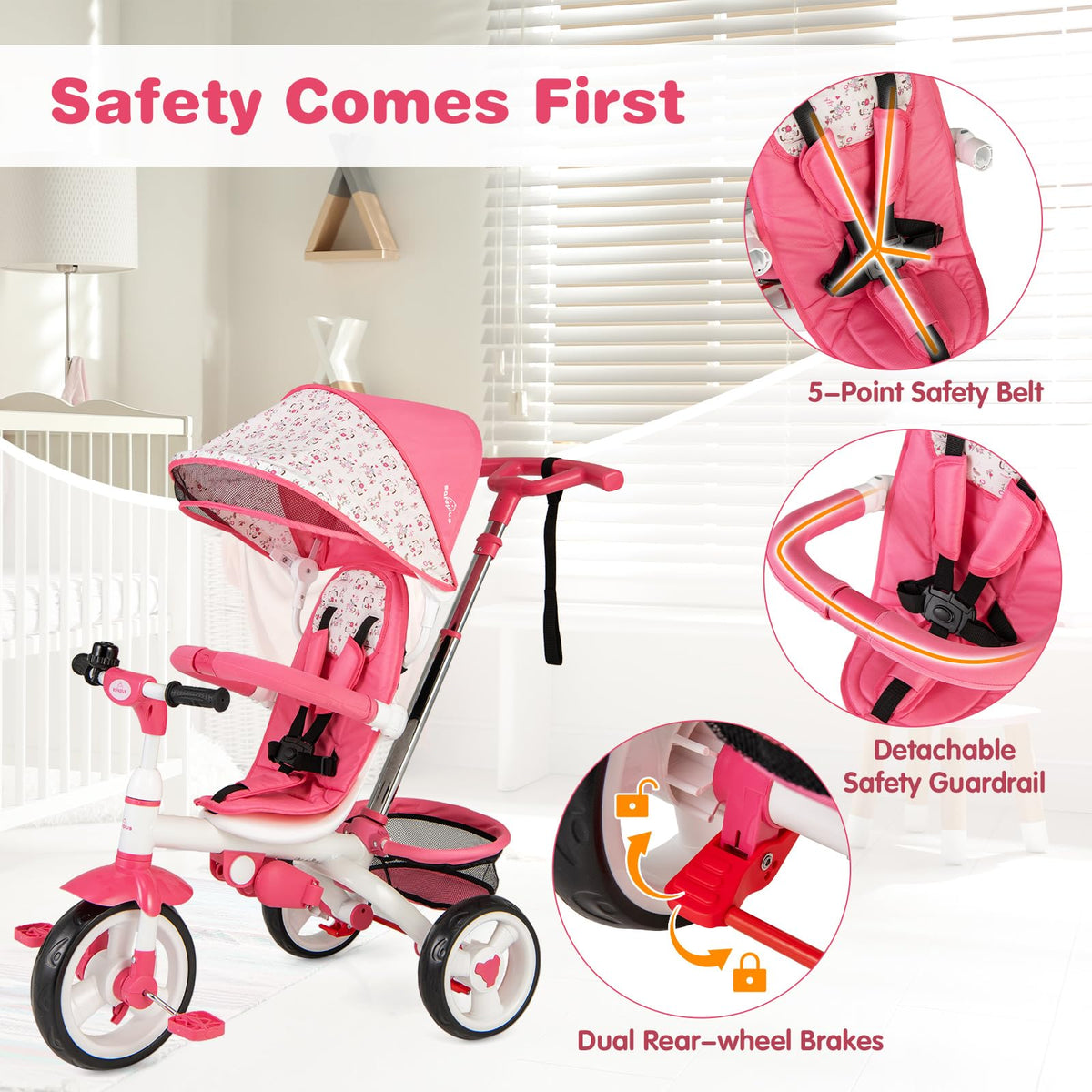 Costzon tricycle pink dual rear brakes for reliable stopping