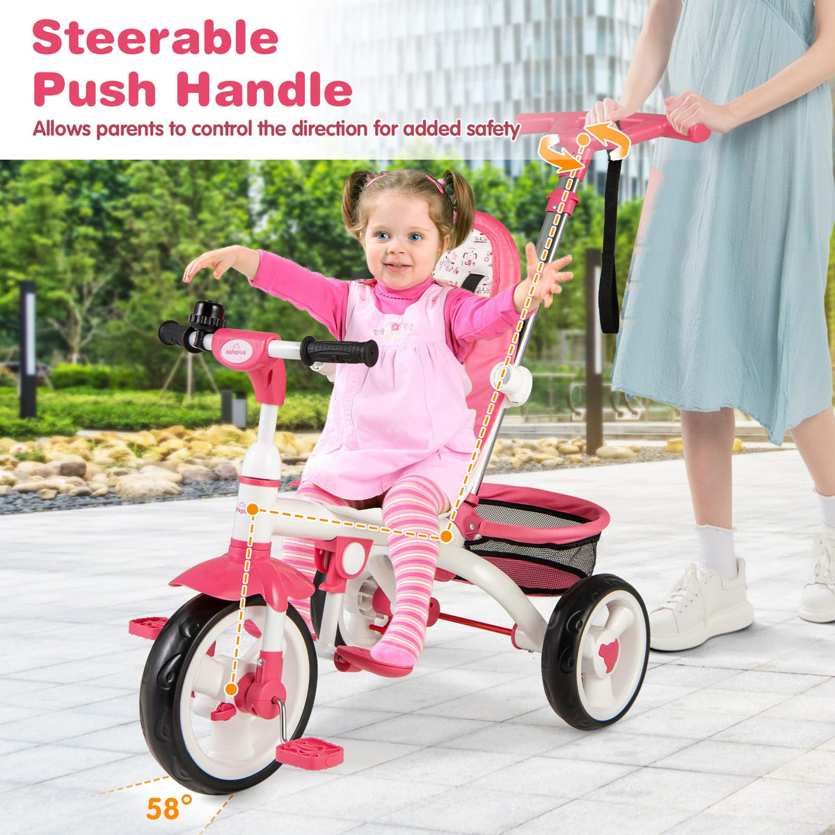 Costzon tricycle pink mesh basket keeps essentials handy