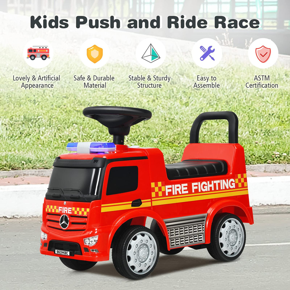 Costzon fire truck ride-on ergonomic backrest design keeps children comfortable