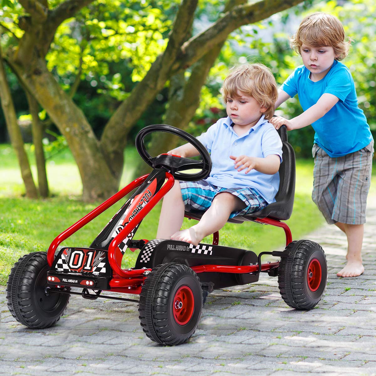 Costzon Go Kart pedals enable forward motion without batteries.