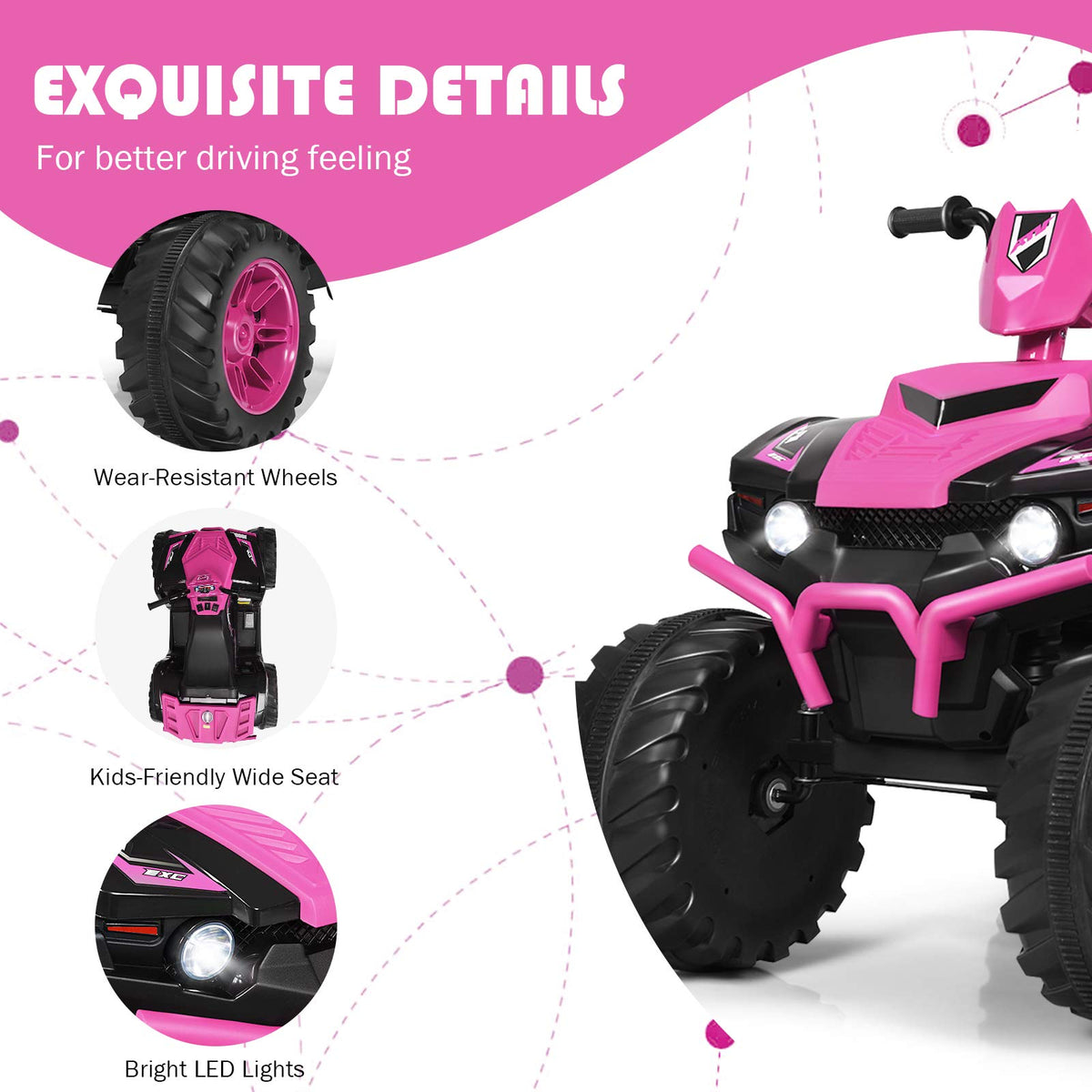 Costzon 12V motor delivers smooth acceleration with two safe speed options.