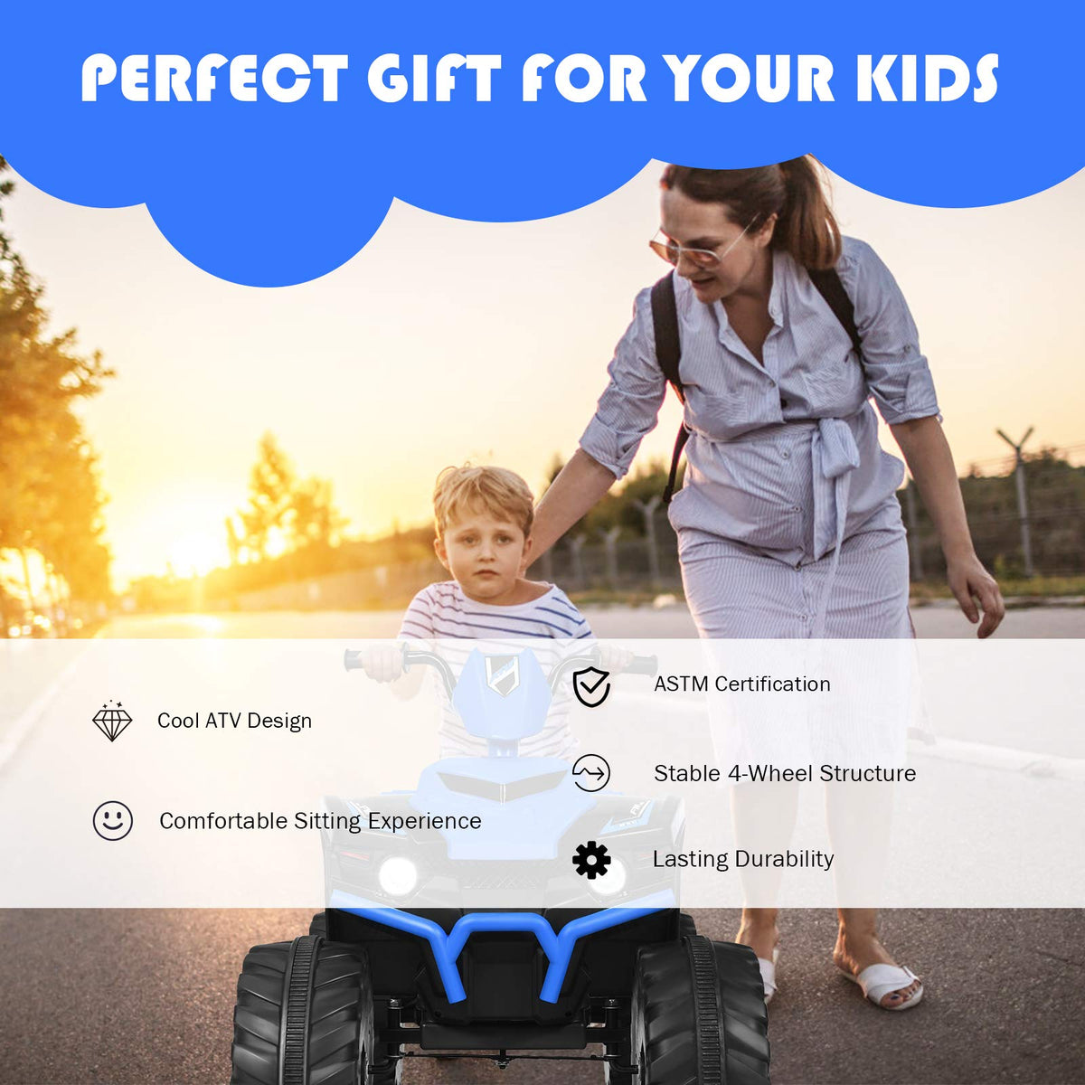 Costzon Kids ATV blue treaded tires provide steady grip on lawns and pavements