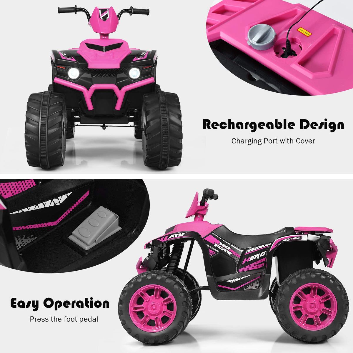 Costzon ride-on ATV treaded tires grip diverse surfaces for outdoor fun.
