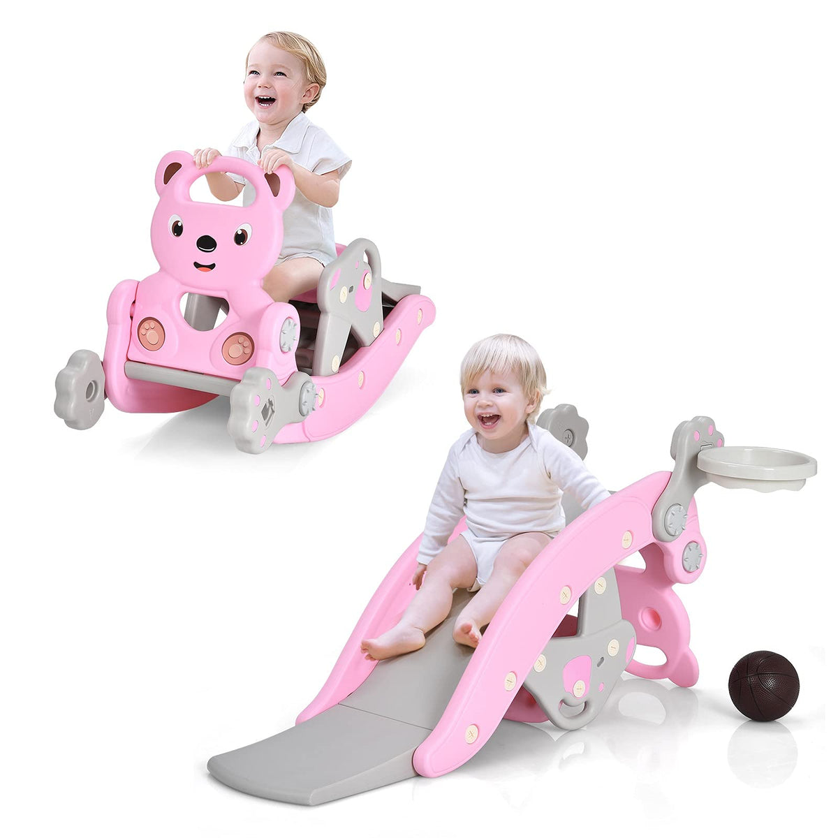 Costzon Pink Bear 5-in-1 slide in a play space, inviting indoor or outdoor use and active fun.