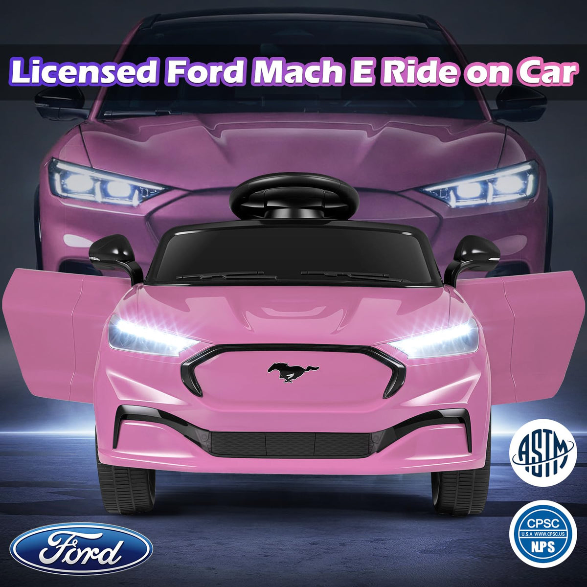 Costzon ride-on car Ford Mach-E pink rear view with LED lights for night play
