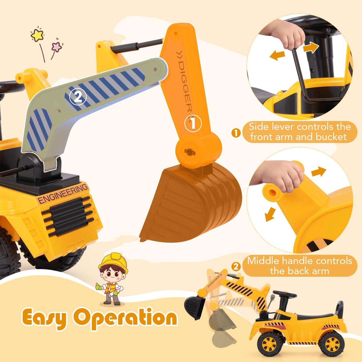 Costzon Ride On Excavator steering wheel adds engine sound for immersive driving.