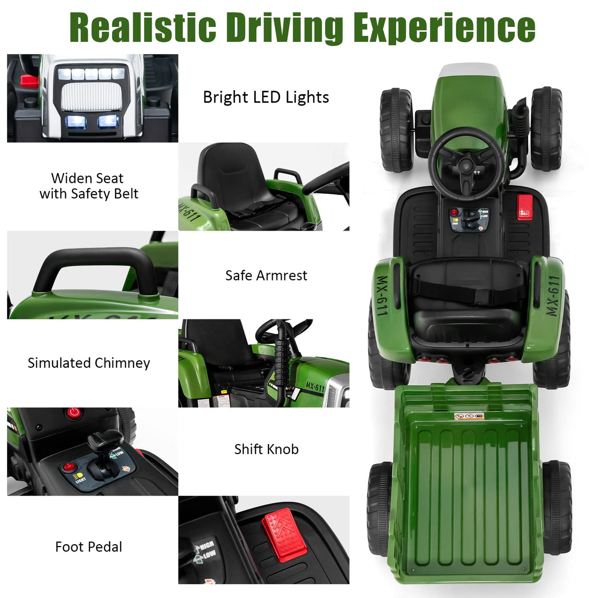 Costzon ride-on tractor 3-gear-shift for authentic driving feel