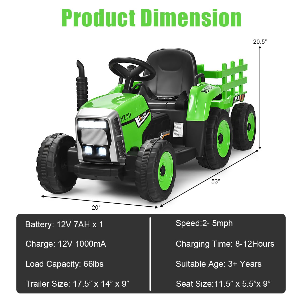 Costzon ride-on tractor with bright LED headlights for evening play